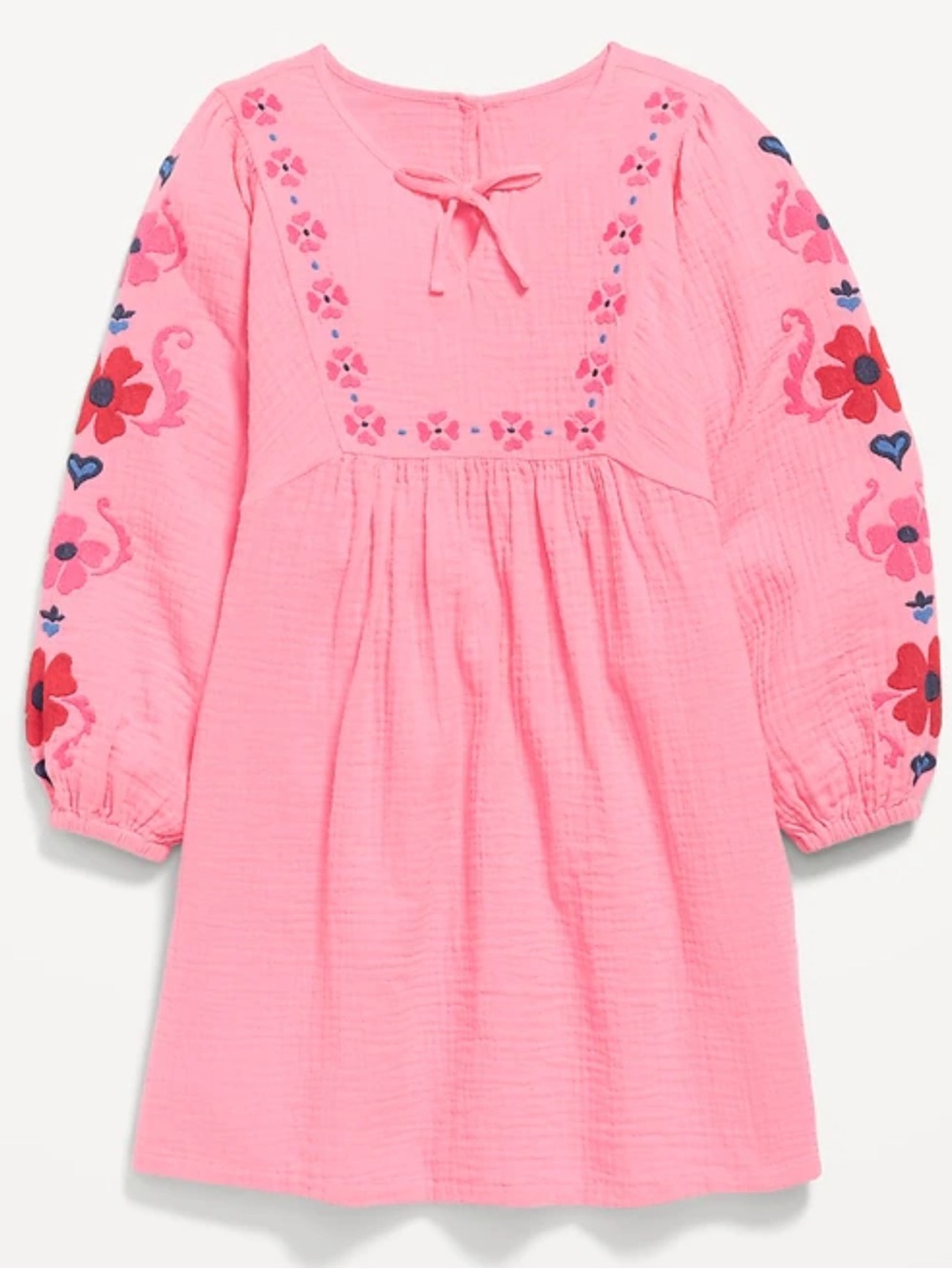 Old Navy Pink Double-Weave Embroidered Long Sleeve Girls Swing Dress